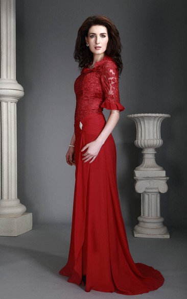 Lace Half-Sleeve Floor-Length Dress With Appliques