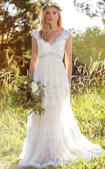 V-Neck Long Cap-Sleeve Appliqued Lace&Tulle Wedding Dress