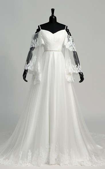 A-line Off-the-shoulder Spaghetti Bell Illusion Long Sleeve Tulle Wedding Dress with Court Train
