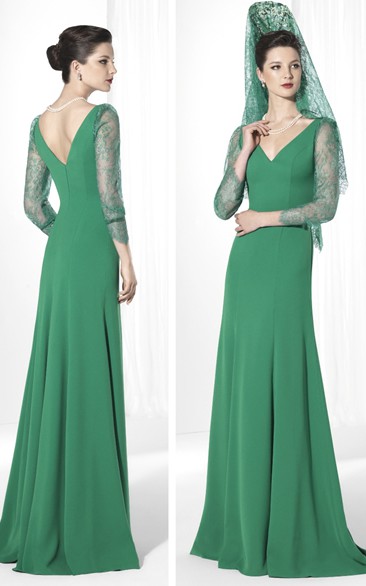 3-4-Sleeve V-Neck Lace Floor-Length Jersey Prom Dress