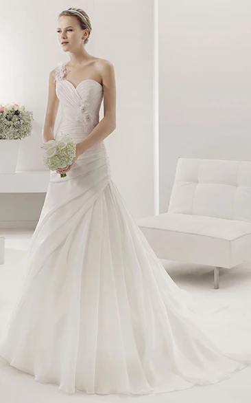 Floral Single Shoulder Sweetheart Ball Gown With Waist Flower