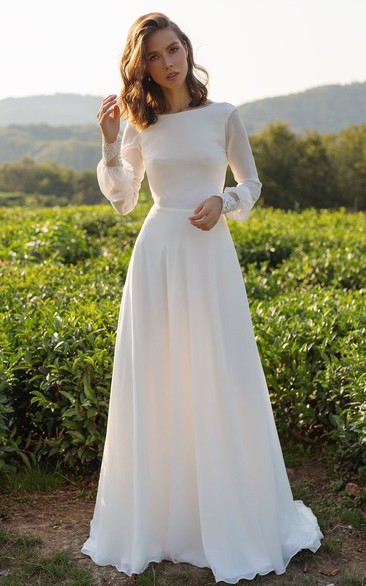 Chiffon Floor-length Court Train A Line Long Sleeve Sexy Wedding Dress with Lace