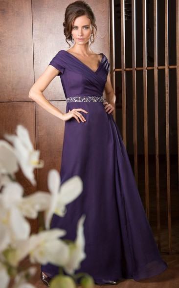 V-Neck A-Line Long Mother Of The Bride Dress With Ruches And Sequins