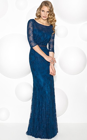Sheath Illusion Sleeve Jeweled Scoop Neck Lace Mother Of The Bride Dress