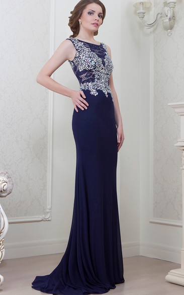 Sheath Sleeveless Scoop-Neck Crystal Floor-Length Jersey Evening Dress With Lace