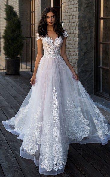 Adorable V-neck A Line Lace and Tulle Chapel Train Wedding Dress with Appliques 