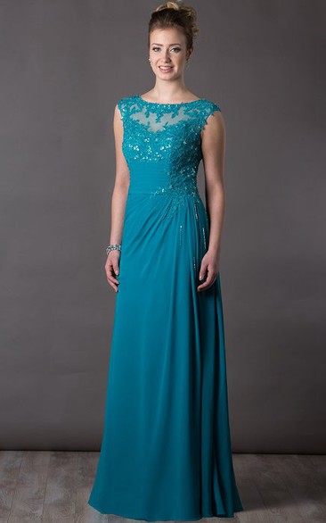 Appliqued Top Cap Sleeve A-Line Chiffon Long Mother Of The Bride Dress With Sequin Details