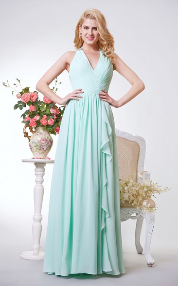 Halter A-line Long Chiffon Dress With Pleats and Ruching