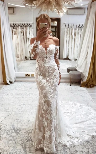 Off-the-shoulder Notched Illusion Long Sleeve Mermaid Lace Elegant Wedding Dress
