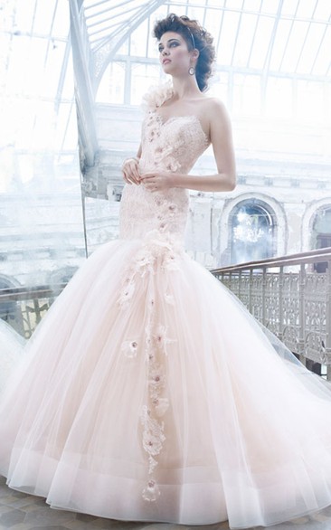 Sexy One Shoulder Lace Bodice Tulle Ball Gown With Cascading Floral Detail
