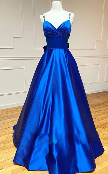 Romantic Sleeveless Floor-length A Line Satin Straps Formal Dress with Bow