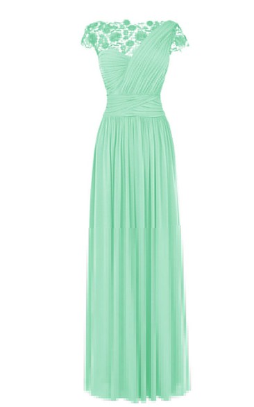 Lace Cap-sleeve One-shoulder Pleated Chiffon A-line Dress