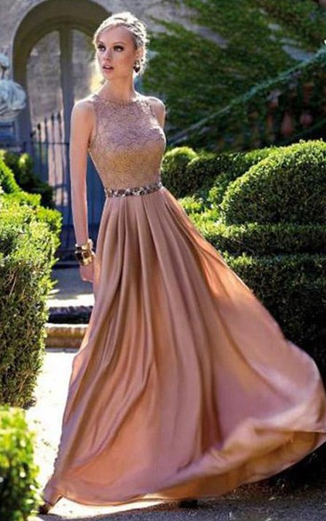 Sleeveless Long Chiffon Dress with Lace Bodice
