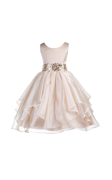 Scoop Neckline Sleeveless Layered Organza Ball Gown With Sequined Sash
