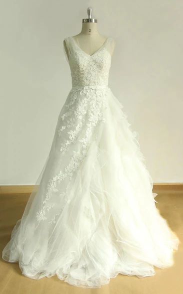 A-Line V-Neck Tulle Lace Satin Weddig Vow Renewal Dress With Ruffles