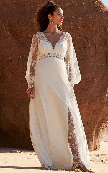 Boho V-neck Tulle Illusion Long Sleeve Beach Wedding Dress with Front Split and Low-v Back