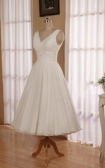 V-Neck Sleeveless Tea-Length Chiffon Wedding Dress With Ruching And Low-V Back