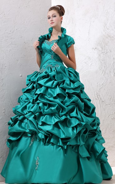 Satin Strapless Ball Gown With Ruffles and Criss-Cross Ruching