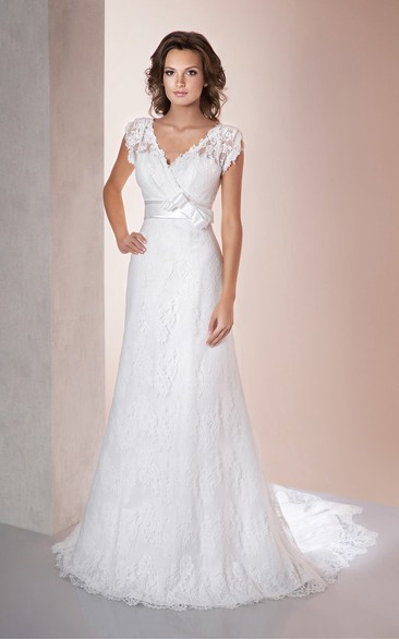 A-Line Long V-Neck Poet-Sleeve Low-V-Back Lace Dress With Appliques And Bow