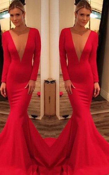 Sexy Red Deep V-Neck Prom Dresses Mermaid Long Sleeve