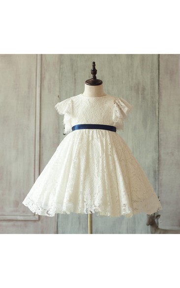 Empire High Neck Ruffle Sleeve A-line Lace Dress With Pleats and Sash