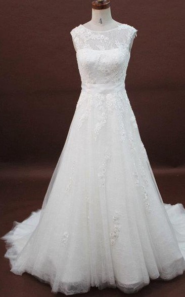 Sleeveless A-Line Lace and Tulle Dress With Bateau Neckline and Back Bow