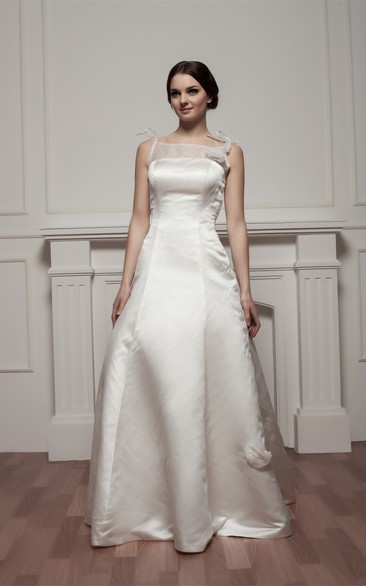 Sleeveless A-Line Satin Gown With Illusion Neckline