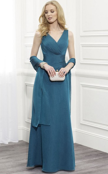 Maxi Sleeveless Ruched V-Neck Jersey Mother Of The Bride Dress With Appliques And Cape