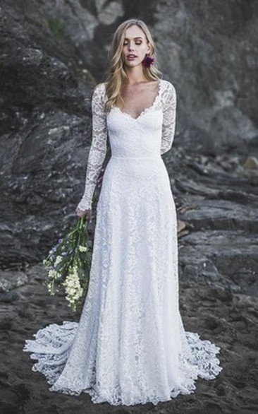 A-line Lace Long Sleeve Sexy Wedding Gown With V-neck And Keyhole