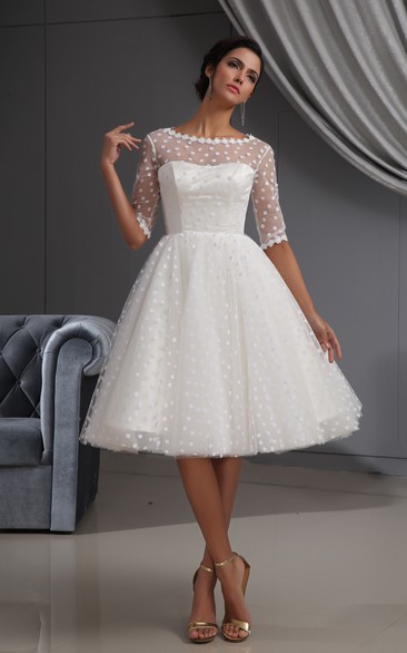 Half-Sleeve Illusion Knee-Length Short Dress With Lace and Dot