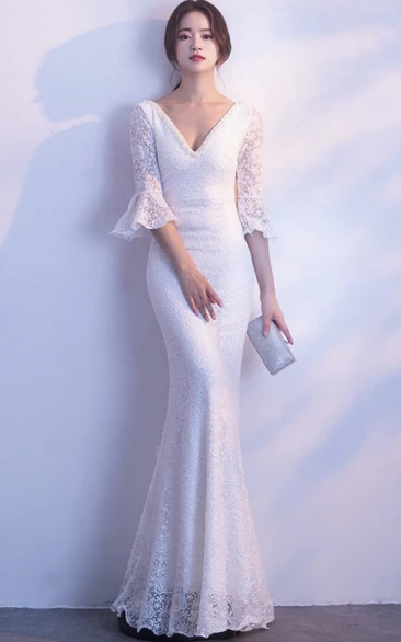 Mermaid 3/4 Poet Sleeve Sexy Modest Wedding Dress With Deep V-neck And Straps Back