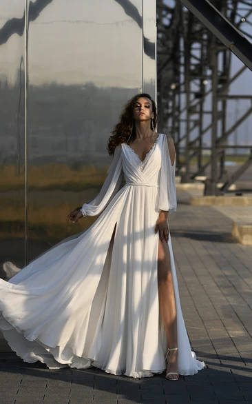 A-Line V Neck Long Sleeve Watteau Train Chiffon Wedding Dress with Split Front and Ruching