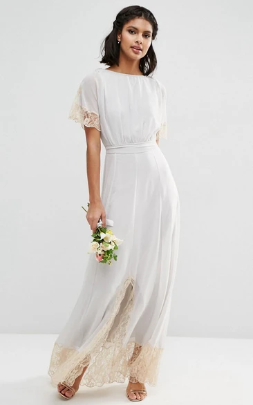 Sheath Ankle-Length Short Sleeve Scoop Neck Lace Chiffon Modest Bridesmaid Dress