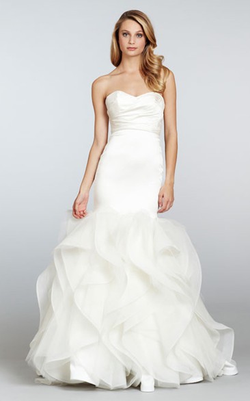 Gorgeous Strapless Satin Ruched Bodice Organza Dress With Detachable Jewel Embellishment