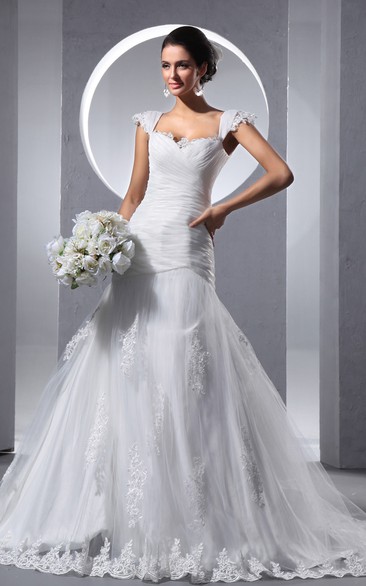 Queen Anne Criss-Cross Ruching A-Line Dress With Tulle Overlay