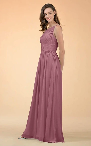 Casual One-shoulder A Line Sleeveless Floor-length Chiffon Bridesmaid Dress With Ruching