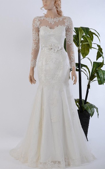Mermaid Long Sleeve Lace Dress With Illusion Back and Beaded Flowers