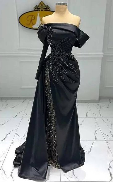 Sexy Brush Train Long Sleeve Satin A Line Formal Dress with Beading