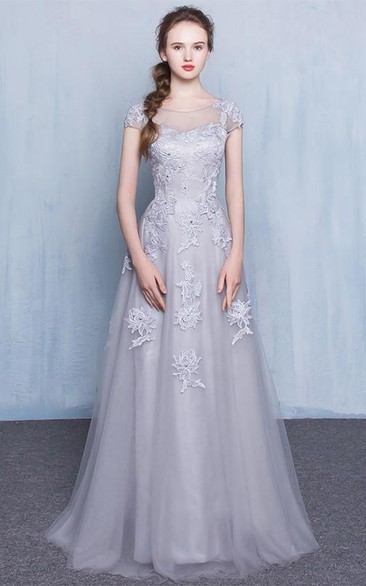Sheer Neck Appliques Beading Cap Sleeves Prom Dress