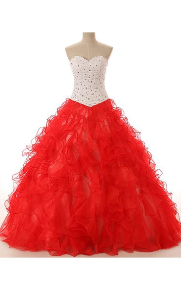 Ball Gown Long Sweetheart Beading Lace-Up Back Lace Sequins Organza Satin Dress