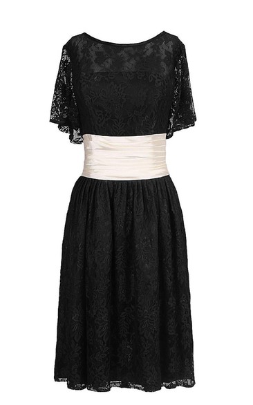 Half-sleeved A-line Lace Dress With Ruched Waist