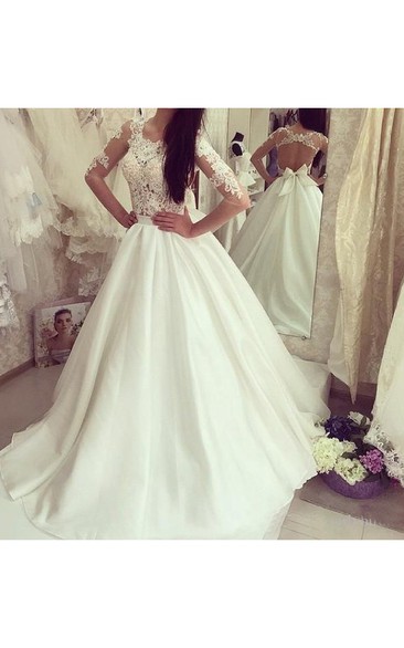 Simple Crew Neck Half Sleeves Backless Lace Wedding Bridal Gown