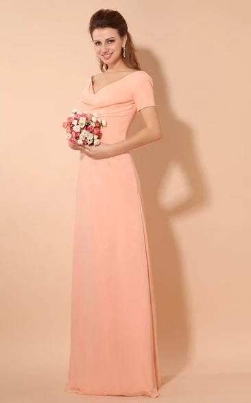 V-Neck Short-Sleeve Chiffon Floor-Length Dress With Ruching