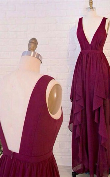 Beautiful Burgundy V-Neck Long Prom Dresses Chiffon Floor Length