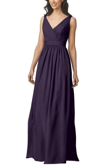 V-neck Strapped Ruched Long Bridesmaid Dress