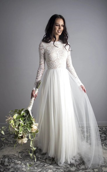 Ethereal Illusion Open Back Lace Long Sleeve A-line Wedding Gown
