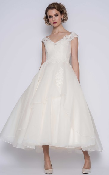 Elegant Organza Ball Gown Cap-Sleeve Ankle Length Bridal Gown with Flower