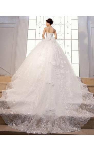 Gorgeous Strapless Beadings Crystal Wedding Dresses Lace-up Tulle Lace Bridal Gown