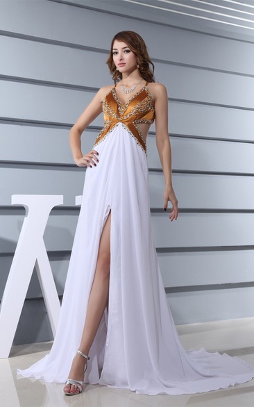Two-Tone Spaghetti-Strap Plunged Front Slit and Dress With Keyhole