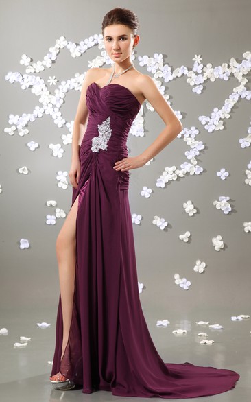 Sweetheart Ruching Dress With Front-Split and Beaded Broach